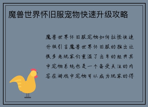 魔兽世界怀旧服宠物快速升级攻略