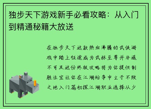 独步天下游戏新手必看攻略：从入门到精通秘籍大放送